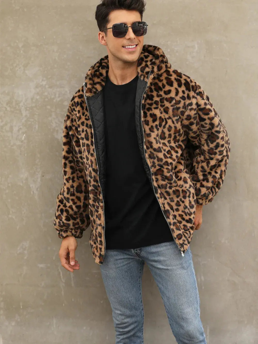 Manteau homme Jungle Line, veste à capuche zippée en fausse fourrure léopard, style décontracté et tendance pour l'automne et hiver.