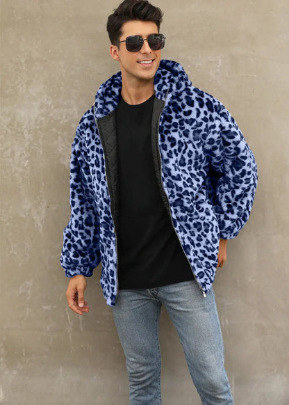 Manteau homme Jungle Line à capuche zippée, motif léopard jaune, veste en fausse fourrure pour l'automne/hiver, style décontracté.