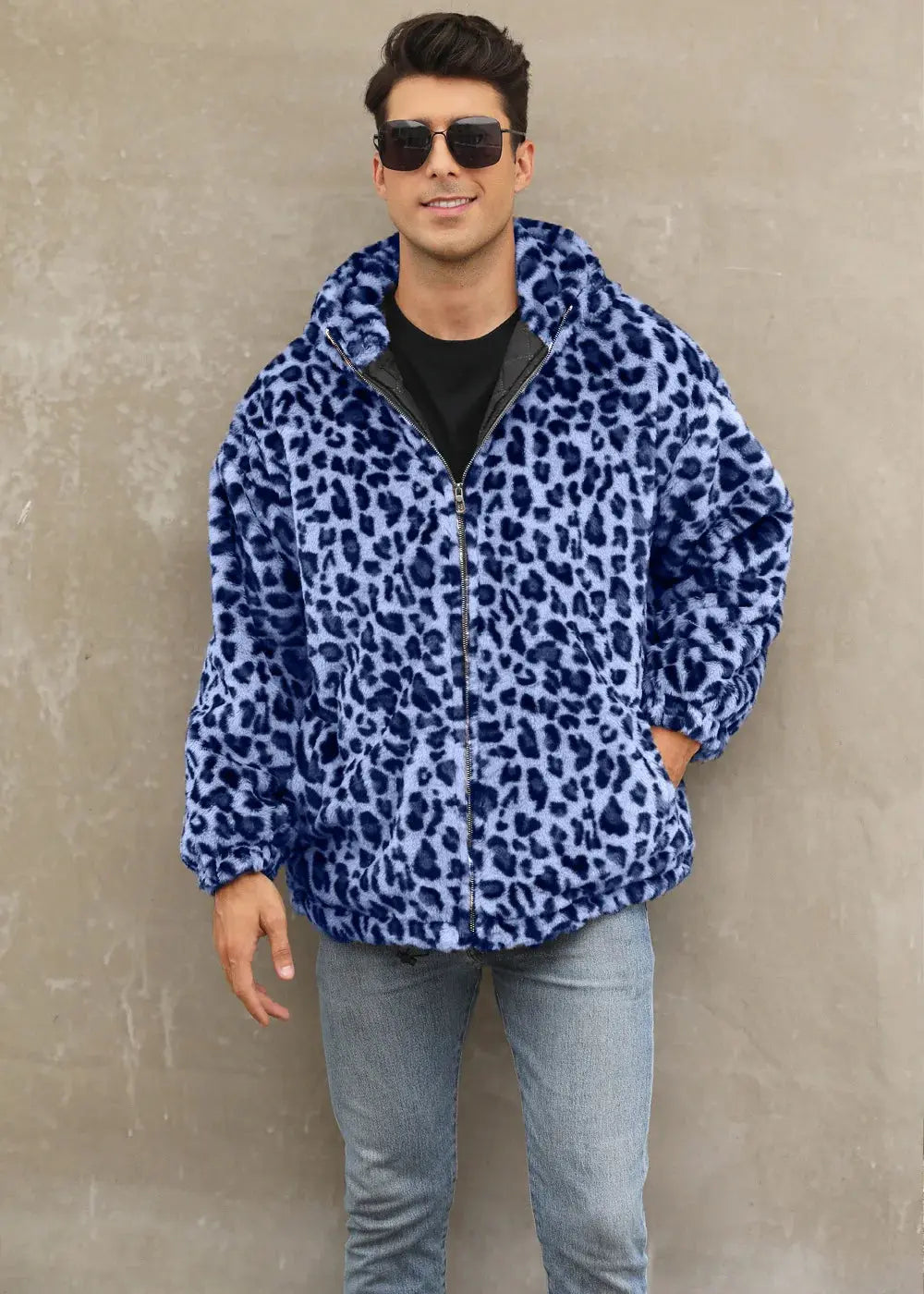 Manteau homme Jungle Line en fausse fourrure à capuche zippée, motif léopard jaune, style décontracté pour automne et hiver.