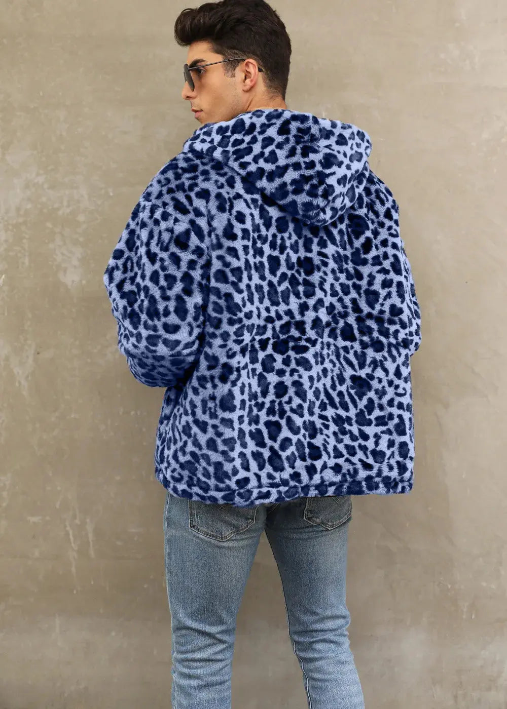 Manteau homme Jungle Line à capuche avec fermeture éclair, motif léopard, fourrure synthétique, style décontracté pour automne hiver.