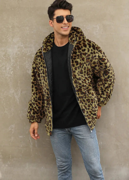 Manteau homme Jungle Line en fausse fourrure à capuche zippée, motif léopard, style décontracté et tendance automne hiver.