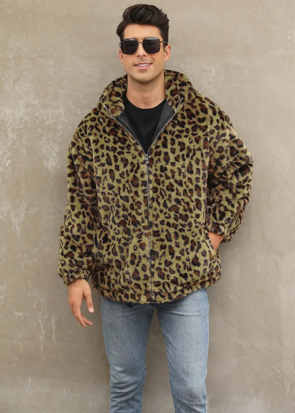 Manteau homme Jungle Line à capuche, en fausse fourrure léopard jaune, style décontracté et tendance pour automne et hiver.