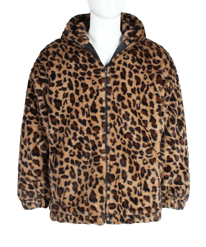 Manteau homme Jungle Line en fausse fourrure avec motif léopard jaune, capuche zippée, style décontracté et tendance automne-hiver.