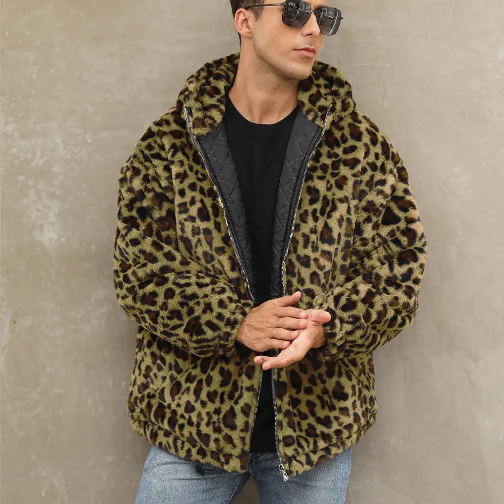 Manteau homme Jungle Line à capuche zippée, motif léopard jaune, en fausse fourrure, style décontracté et tendance automne hiver.