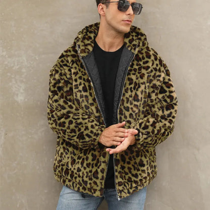 Manteau homme Jungle Line à capuche zippée, motif léopard jaune, en fausse fourrure, style décontracté et tendance automne hiver.