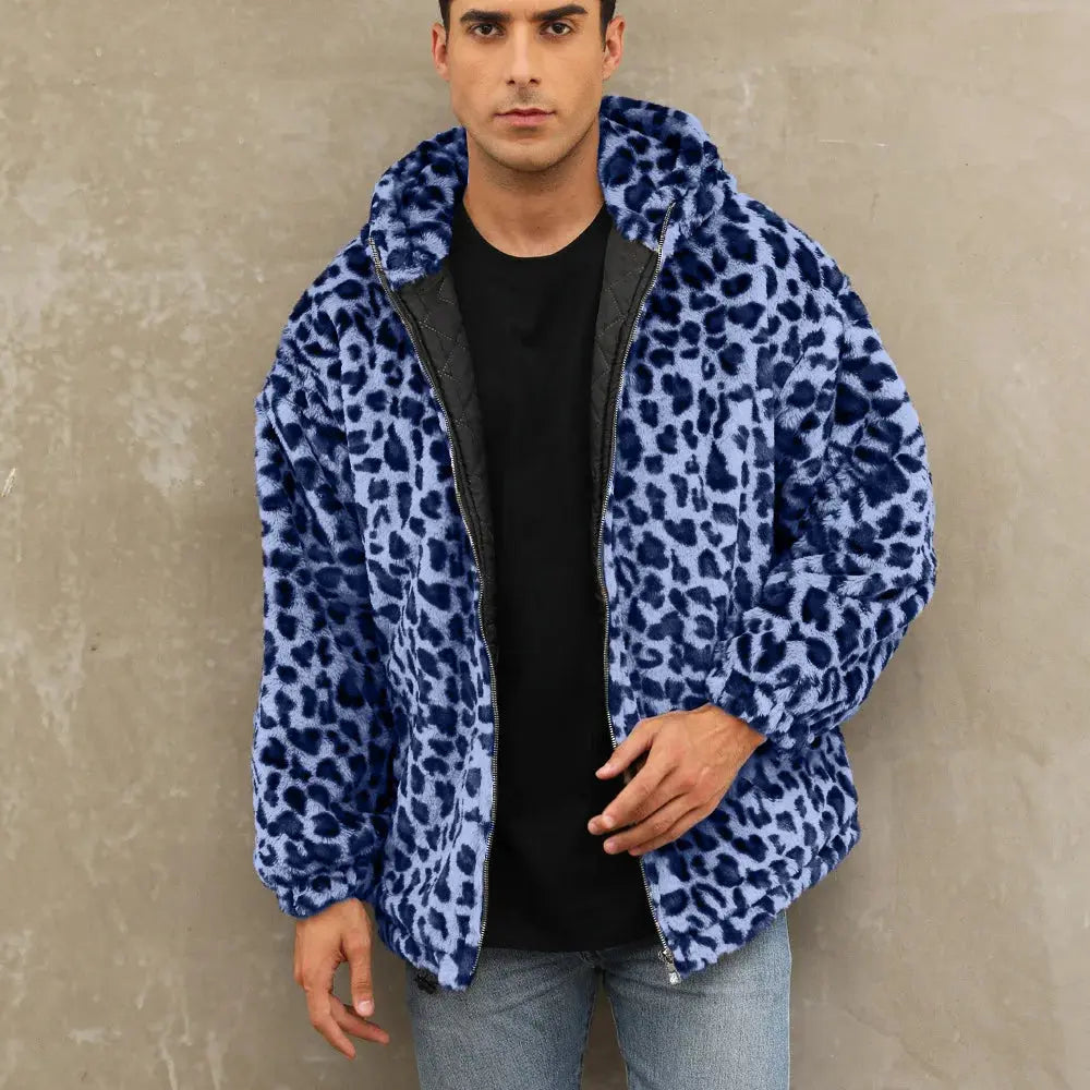 Manteau homme Jungle Line en fausse fourrure, à capuche zippée, motif léopard, veste décontractée et tendance pour l'automne et hiver