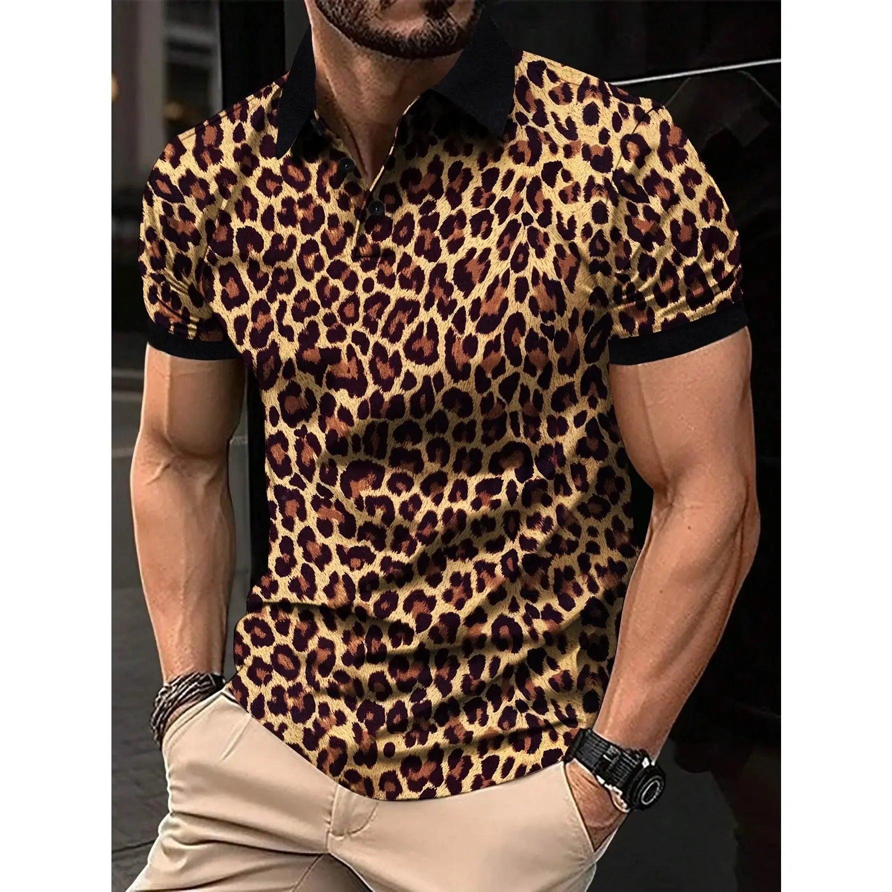 Yellow men's fashion T-shirt with leopard print by Jungle Line, short-sleeve design, stylish and comfortable for casual wear.
