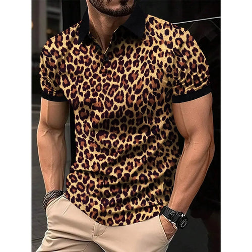 Yellow men's fashion T-shirt with leopard print by Jungle Line, short-sleeve design, stylish and comfortable for casual wear.