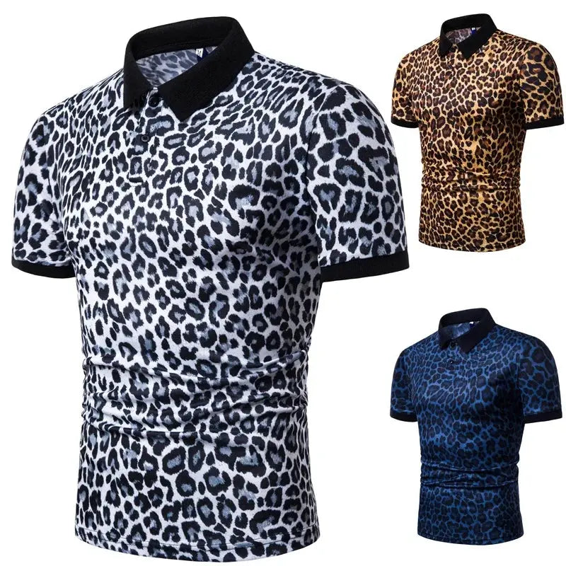 Yellow men's fashion T-shirt by Jungle Line with leopard print, short-sleeve design, casual style, and comfortable fit.