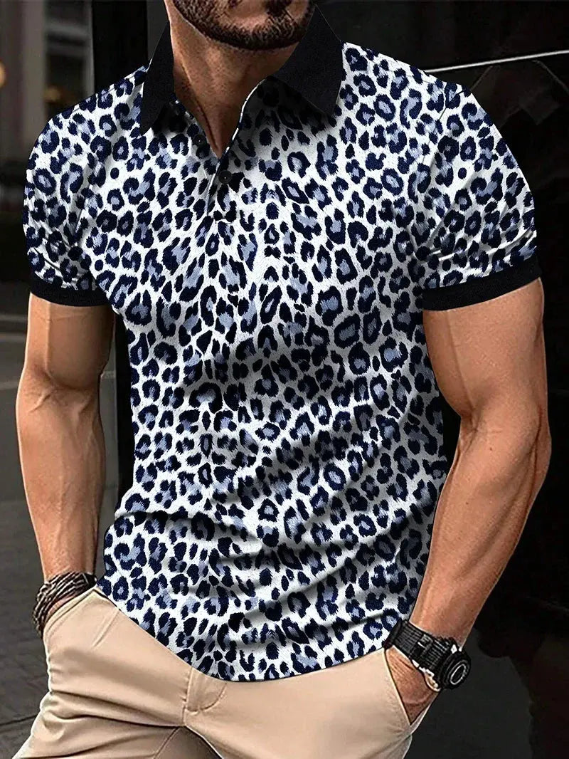 Yellow men's fashion T-shirt by Jungle Line with leopard print, short-sleeve design, on a plain background.