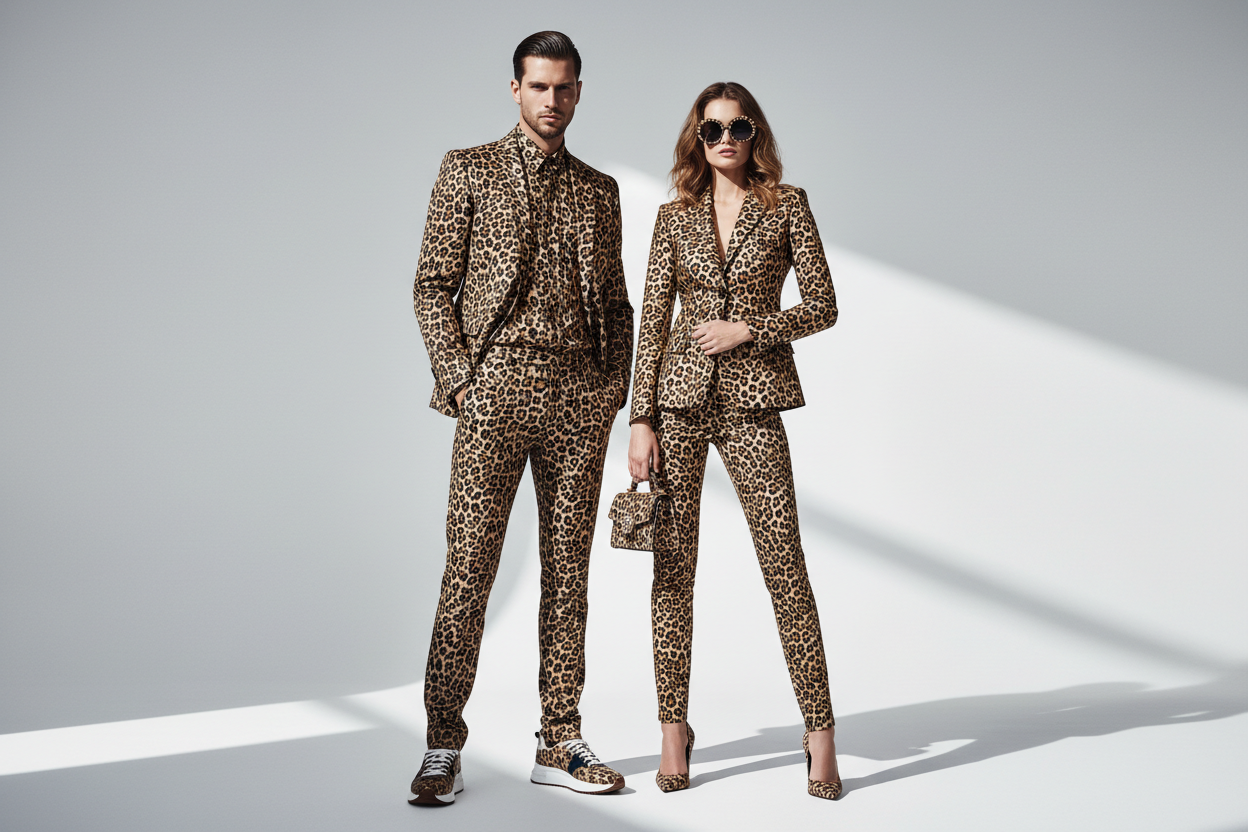 UN HOMMME ET UNE FEMME TOP MODELE TRES TRES REALISTE HABILLes tres tendances entierement avec des vetements leopard